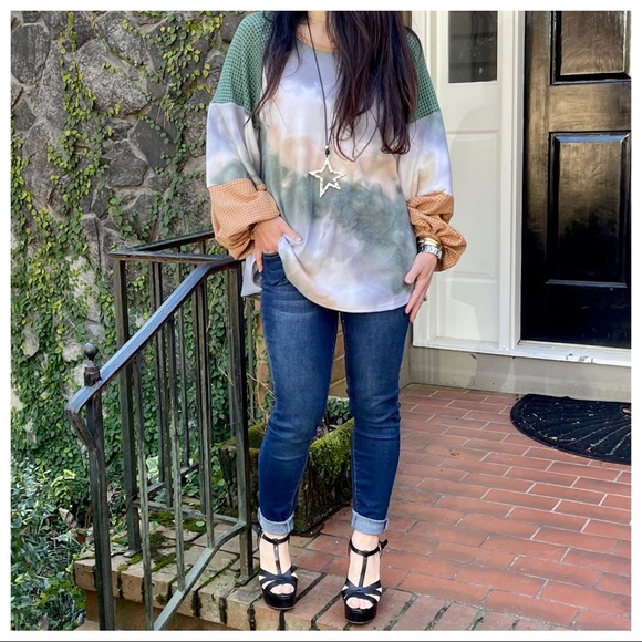 Boho Chic Tie Dye Print Contrast sleeve tunic top - Picture 3 of 6